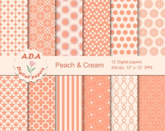 Könnte beinhalten: Zwölf digitale Papiere in Pfirsich- und Cremefarben mit verschiedenen geometrischen und floralen Mustern. Jedes Papier ist 30,5 cm x 30,5 cm groß und hat 300 dpi.