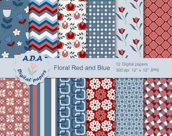 Floral red and blue paper pack, red and blue scrapbook paper, floral paper, instant download, commercial use