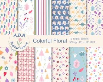 Farbenfrohes florales florales Papier zum ausdrucken, digitales Papier zum ausdrucken, digitales Papier zum ausdrucken, Scrapbook-Papier, Sofort-Download, kommerzielle Nutzung