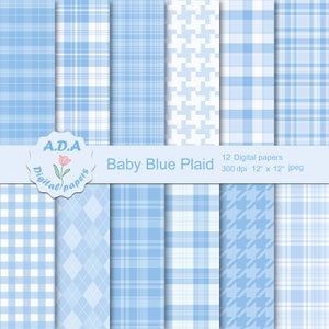 Light blue plaid digital paper pack, Baby blue plaid background, Digital baby blue plaid paper, Blue scrapbooking paper, Commercial use