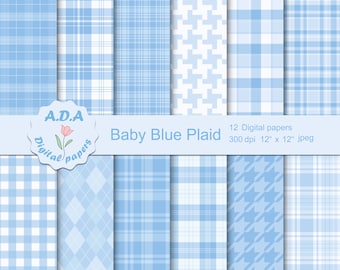 Light blue plaid digital paper pack, Baby blue plaid background, Digital baby blue plaid paper, Blue scrapbooking paper, Commercial use