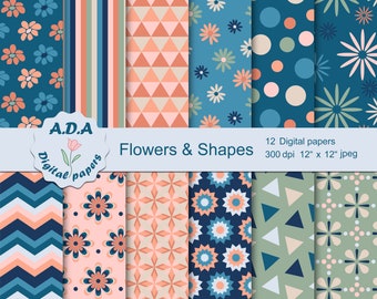 Flowers and shapes pattern, orange and blue scrapbook paper, floral pattern, geometric pattern, instant download, commercial use
