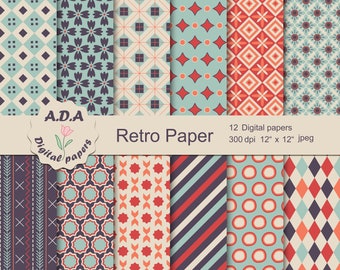Retro paper pack, blue and orange scrapbook paper, vintage pattern, retro paper, retro pattern, vintage floral background, commercial use