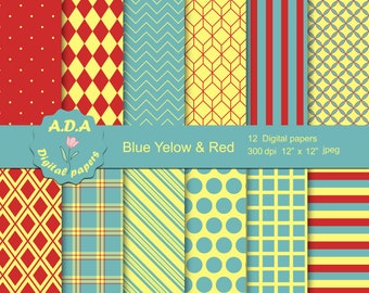 Blue Yellow Red Patterned Digital Paper Pack (12"x12")