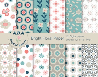 Bright floral printable digital paper, Floral pattern, Floral background, Scrapbook paper, Retro paper, Instant download, Commercial use