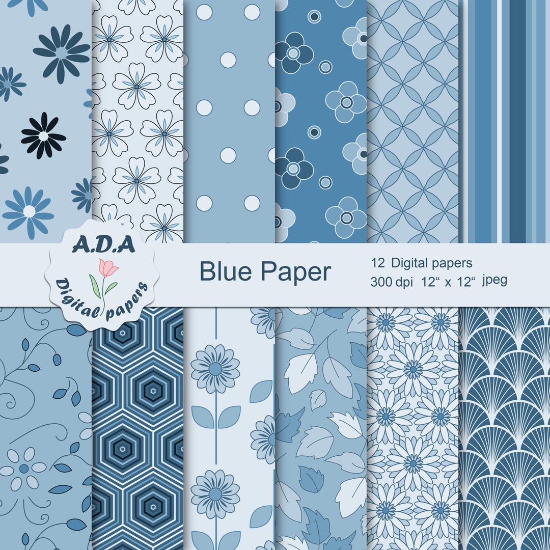 Blue Scrapbook Paper, Geometric and Floral Patterns (digital Download ...