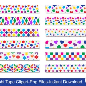 Digital Washi Tape Clipart, Rainbow Washi Tape Clip Art, Geometric Pattern, Party Washi Tape, Instant Download, Commercial Use