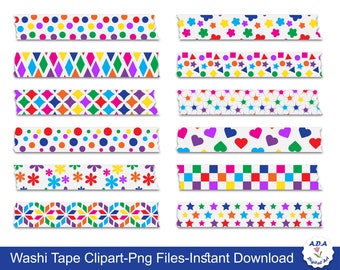 Digital Washi Tape Clipart, Rainbow Washi Tape Clip Art, Geometric Pattern, Party Washi Tape, Instant Download, Commercial Use