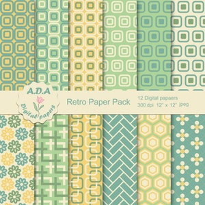 Retro paper pack, green, blue, yellow scrapbook papers, retro paper, retro pattern, digital download, commercial use