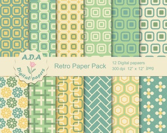 Retro paper pack, green, blue, yellow scrapbook papers, retro paper, retro pattern, digital download, commercial use