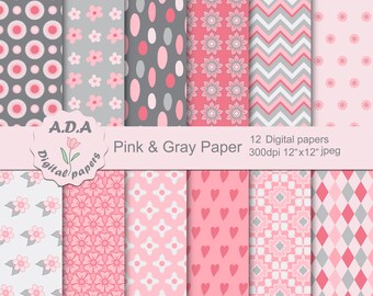 Pink and gray digital paper pack, pink and gray scrapbooking paper, pink  background, floral background, commercial use