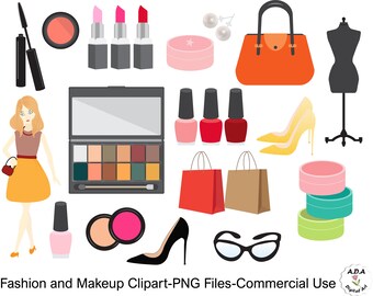 Puede incluir: Un conjunto de imágenes de clipart de moda y maquillaje. El conjunto incluye una mujer, un bolso, una paleta de maquillaje, esmalte de uñas, lápiz labial, sombra de ojos, un maniquí, un par de gafas, un par de tacones altos y una bolsa de compras.
