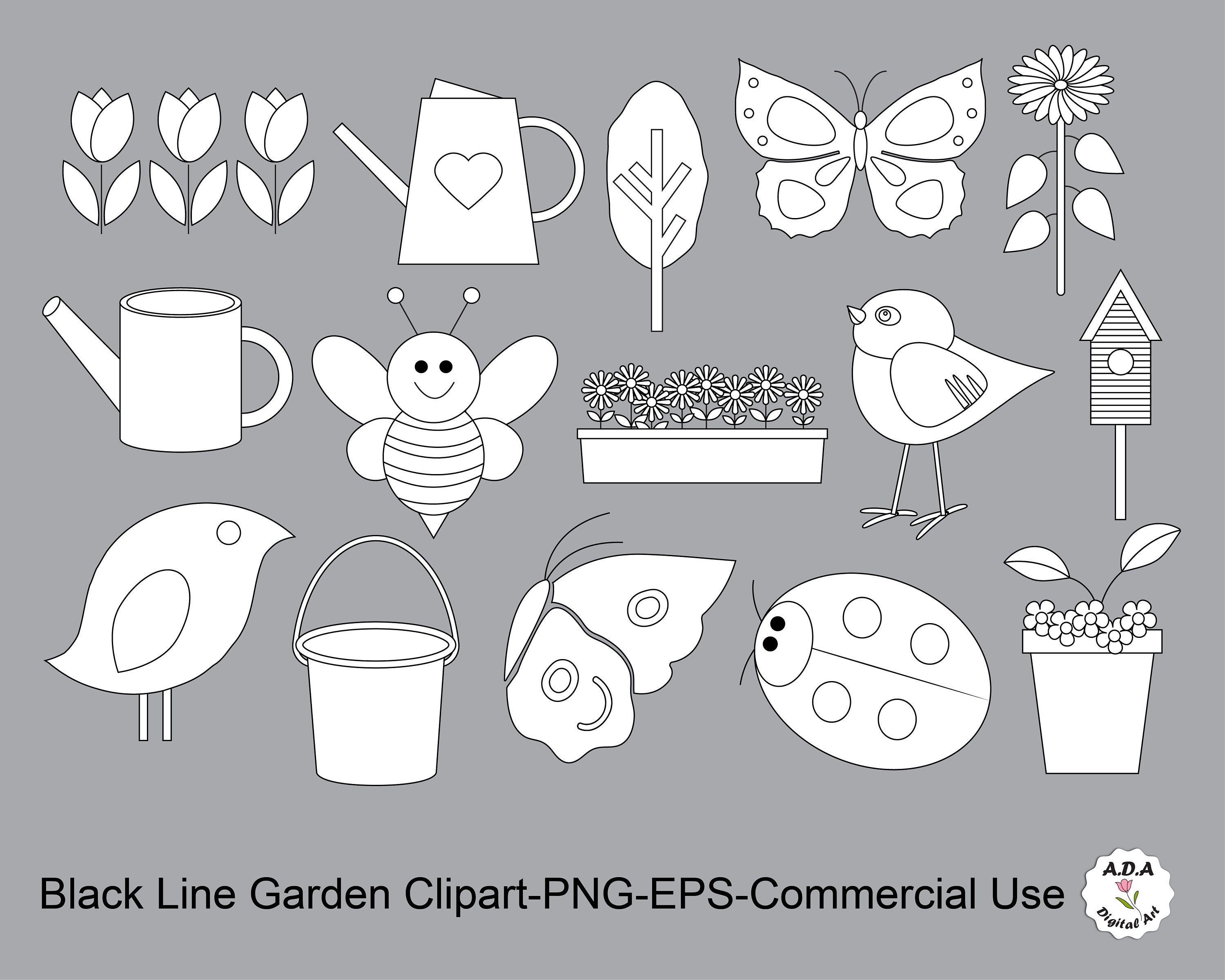 Black Line Garden Clipart Garden Line Art Clip Art Flower Etsy