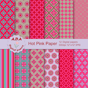 Digitales Papier in Rot und Pink, Scrapbook-Papier in Pink, Hintergrund in Rot, florales Muster, kommerzielle Nutzung