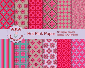 Red and pink digital paper pack, strong pink scrapbook paper, red background, pink background, floral pattern, commercial use
