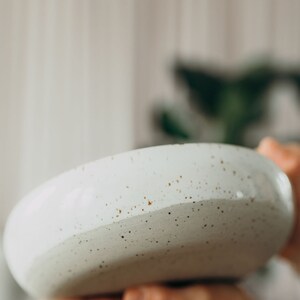 Peut inclure: Un bol en c&eacute;ramique blanche avec des taches brunes. Le bol a un bord gris clair et est parsem&eacute; de taches brunes.