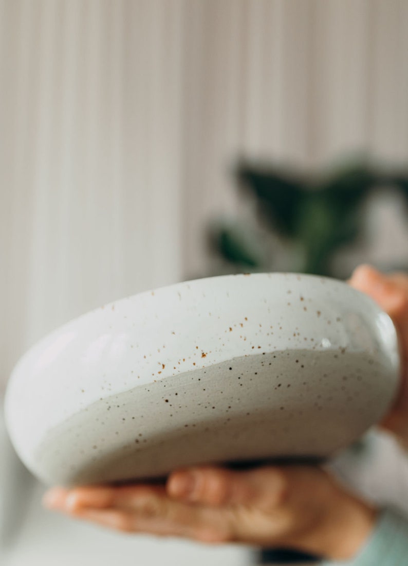 Peut inclure: Un bol en c&eacute;ramique blanche avec des taches brunes. Le bol a un bord gris clair et est parsem&eacute; de taches brunes.