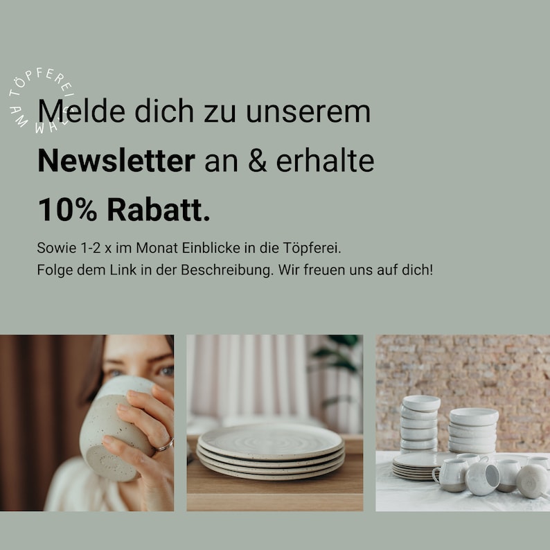Peut inclure: Une tasse en c&eacute;ramique blanche avec des mouchetures, une pile d'assiettes en c&eacute;ramique blanche avec des mouchetures et une pile de bols en c&eacute;ramique blanche avec des mouchetures. Le texte "Melde dich zu unserem Newsletter an & erhalte 10% Rabatt." est affich&eacute; au-dessus de l'image.