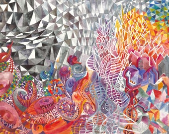 Pode incluir: Pintura abstrata em aquarela com formas geométricas em tons de vermelho, laranja, amarelo, azul, roxo e cinza. A pintura apresenta uma variedade de formas orgânicas e geométricas, criando uma composição complexa e visualmente interessante.