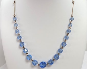 Collier Vintage Chaîne Plate Or Avec Perle Bleu Central - Cristal, Très Bon état, Modèle 897