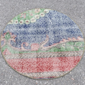 Oriental rug, Vintage rug, Circle rug, Turkish rug, Oushak rug, Handmade wool rug, Aztec rug, Home decor, Boho rug, 2.7  x 2.7  ft RS7633