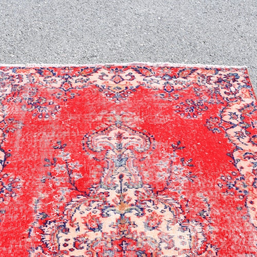Natural wool rug, Area rug, Turkish rug, Vintage rug, Handmade rug, Oushak shops rug, Tribal rug, Red oriental rug, Carpet, 3.8 x 7.1 Ft Cod6018