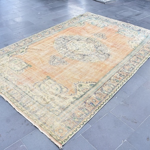 Pale rug, Turkish rug, Vintage rug, Handmade rug, Oushak rug, Tribal rug, Bedroom rug, Home decor, Natural wool rug 6 x 9.1 Ft RSL2240