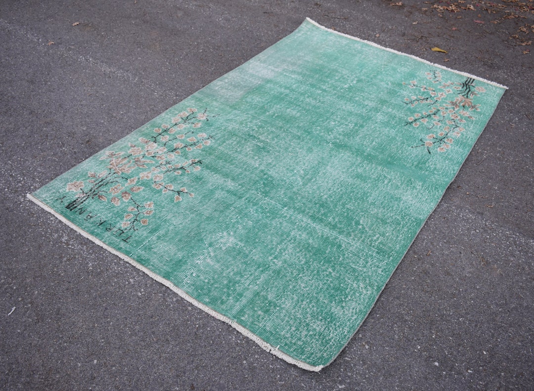 Natural Wool Rug, Green Floral Rug, Vintage Rug, Turkey Rug, Area Rug ...