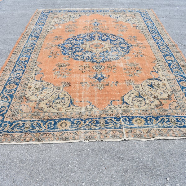 large size rug vintage rug orange rug turkish rug Free Shipping 7.2 x 10.8 ft area rug floor rug oushak rug handknotted rug wool rug Cod2309