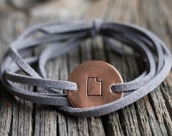 Bracciale avvolgente di stato, rame, gioielli di stato, braccialetto di casa, gioielli di posizione, regalo di stato, regalo di laurea, regalo di college, regalo dello Utah