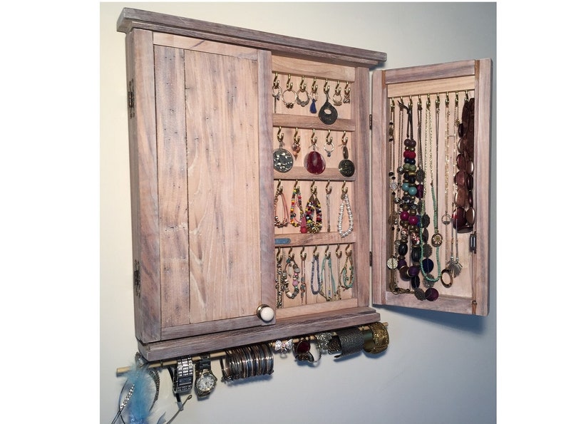 Box Necklace Bracelet Jewelry Cabinet Wall Holder Closet Storage Stand Earring Organizer Display Armoire Distressed White Wooden