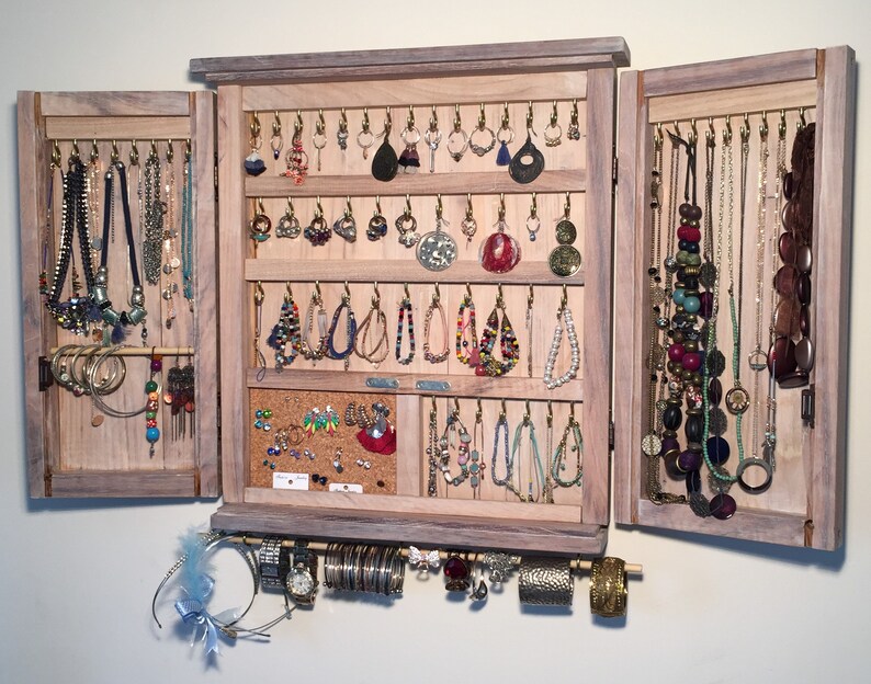 Box Necklace Bracelet Jewelry Cabinet Wall Holder Closet Storage Stand Earring Organizer Display Armoire Distressed White Wooden