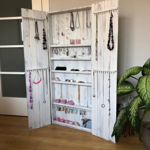 Wall mounted Jewelry Armoire, Farmhouse Jewelry Cabinet, Necklace, Ring, Earring, Bracelet Organizer