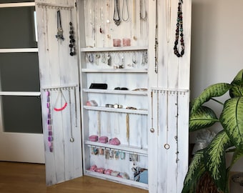 Wall mounted Jewelry Armoire, Farmhouse Jewelry Cabinet, Necklace, Ring, Earring, Bracelet Organizer