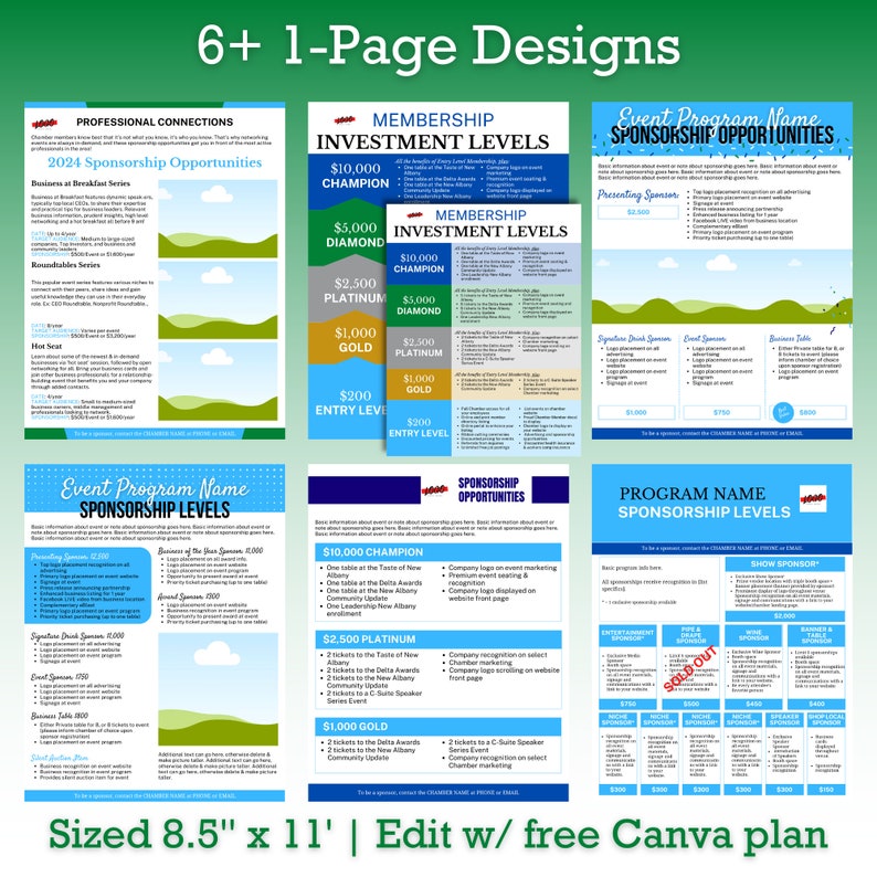 K&ouml;nnte beinhalten: Sechs farbige, druckbare Sponsoring-Level-Diagramme f&uuml;r ein Veranstaltungsprogramm. Die Diagramme zeigen verschiedene Sponsoring-Level mit entsprechenden Vorteilen wie Tischplatzierung, Logo-Platzierung und Website-Anerkennung. Die Diagramme haben die Gr&ouml;&szlig;e 8,5 Zoll mal 11 Zoll und k&ouml;nnen mit Canva bearbeitet werden.