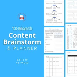May include: A blue and white digital planner with the text "12-Month Content Brainstorm & Planner" and "8.5" x 11" 68 Pages". The planner is designed to help users plan and organize their content creation for the year.