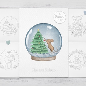 May include: A printable coloring page set with four pages featuring a snow globe with a mouse decorating a Christmas tree, a deer with a scarf, a tiger holding a gift, and a bunny in a wreath. The set is titled "4 Pages PDF".