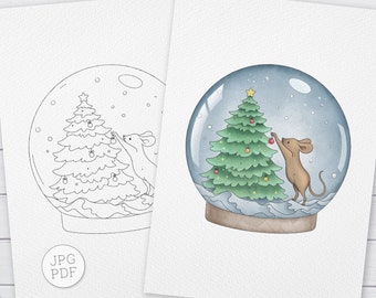 Little Mouse Decorating Christmas Tree Coloring Page | Printable Adult Kids Cute Animal Christmas Colouring PDF
