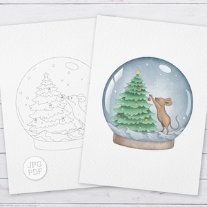 Little Mouse Decorating Christmas Tree Coloring Page | Printable Adult Kids Cute Animal Christmas Colouring PDF