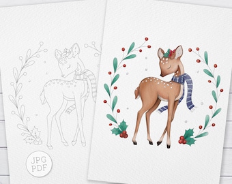 Christmas Coloring Page | Cute Deer Digital Digi Stamps | Crafting | Line art For Kids and Adult PDF