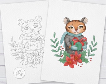 Cute Christmas Tiger With Gift Box | Printable Adult Kids Christmas Colouring | Digital Digi Stamps  Crafting | Line art