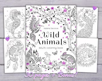 Kleurboek Ontspanning voor volwassenen | 30 ontwerpen | Abstracte dieren in het wild en bloemen | Digitale download | Ingewikkeld dier