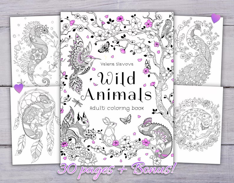 Entspannendes Malbuch für Erwachsene | 30 Designs | Abstrakt Tier & Blumen | Digitaler Download | Filigranes Tier Bild 1