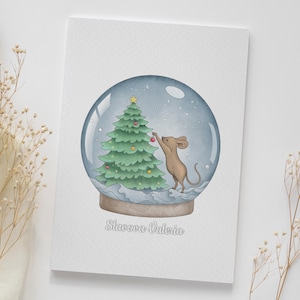 May include: A watercolor illustration of a snow globe with a mouse decorating a Christmas tree inside. The snow globe is on a white background with the text "Starcova Valeria" at the bottom.