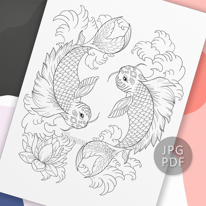 Japanese Koi Fish Coloring Page Ocean Theme Coloring Page | Etsy