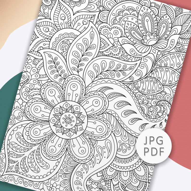 May include: A black and white intricate coloring page featuring a floral design with paisley patterns. The design is detailed and complex, with many overlapping shapes and lines.