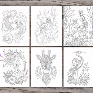 K&ouml;nnte beinhalten: Sechs Schwarzwei&szlig;-Malvorlagen mit filigranen Designs von Tieren und Natur. Die Designs beinhalten ein Fischpaar, eine Katze in einem Baum, Quallen, ein Pferd, eine Giraffe und einen Reiher.