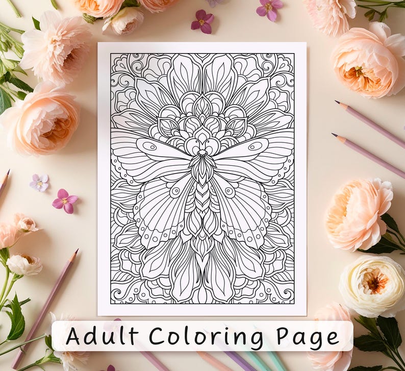 May include: A black and white colouring page featuring a detailed butterfly with intricate wings and a floral design. The butterfly is surrounded by a mandala-like pattern.