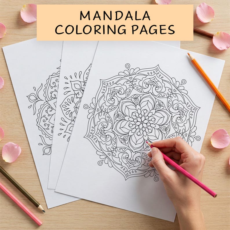 May include: Three black and white mandala colouring pages on a wooden surface. A hand is colouring one of the mandalas with a pink coloured pencil.
