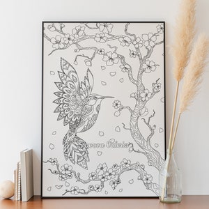 Hummingbird and Sakura Coloring Page, framed coloring page example, Printable Coloring Page Hummingbird Flowers, Сoloring page for adults, teens, and kids, Instant Download hummingbirds coloring page, An instant PDF/JPG download
